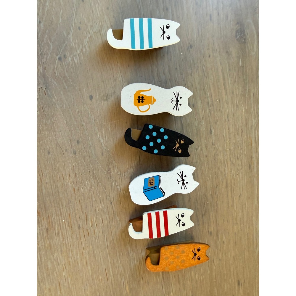Set of 6 Wooden Cat Fridge Magnets Whimsical Hand Painted 2 Inch Kitty Clips
